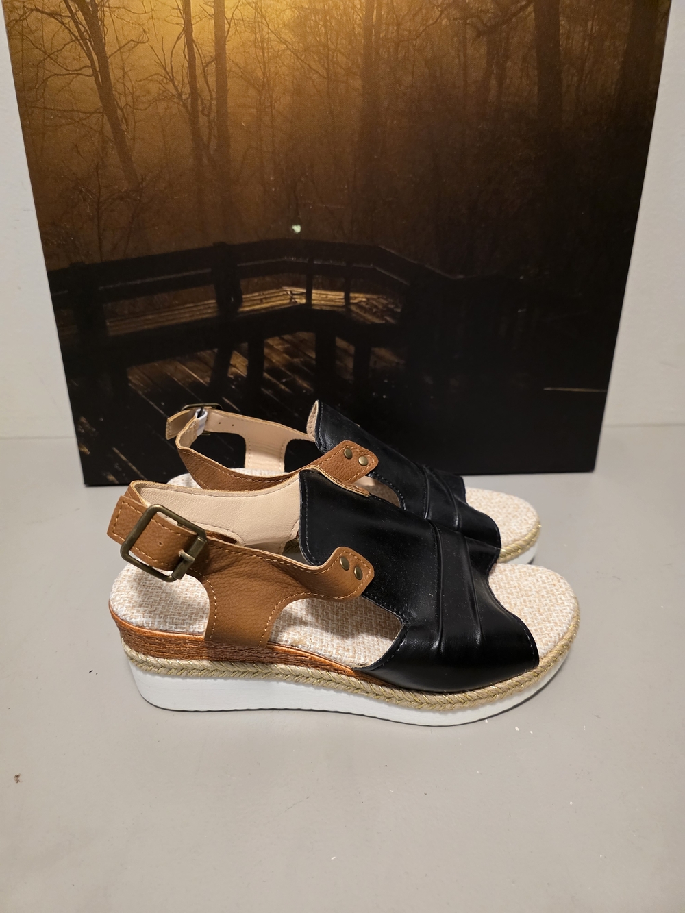 Amazon Two-Tone Black and Tan Wedge Sandals